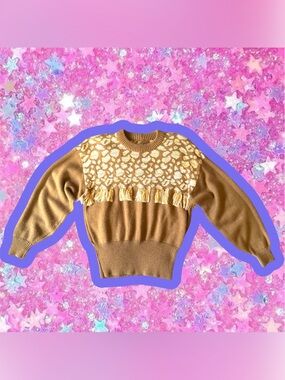 Vintage 80s fringe animal print sweater S M 1980s tassel cache jumper
